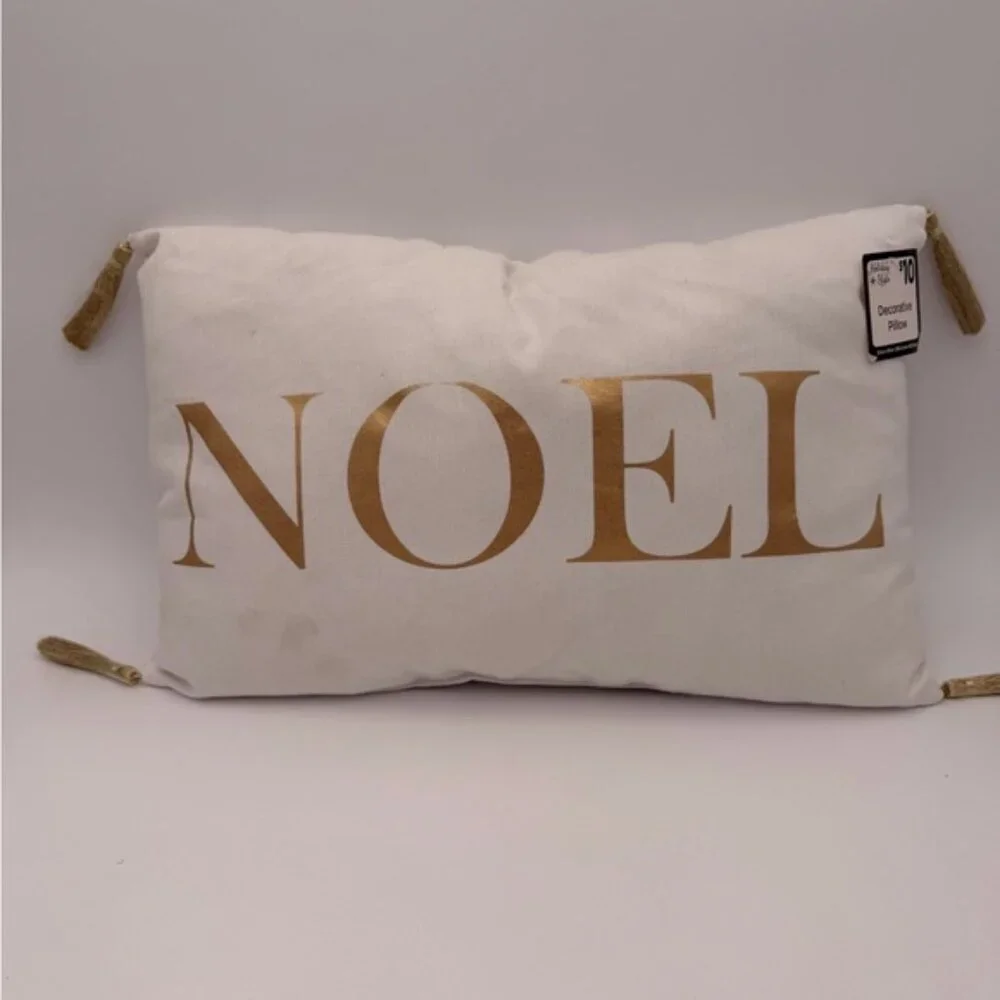 'NOEL'  & ‘Joy’ Gold And White Holiday Pillows